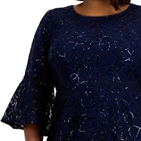 New Alex Evenings Womens Navy Blue Sequined Lace Sheath Dress Plus Size 20W - Picture 4 of 12